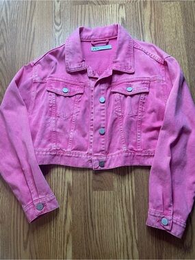 ZARA Pink Cropped Denim Jacket Size L Barbiecore